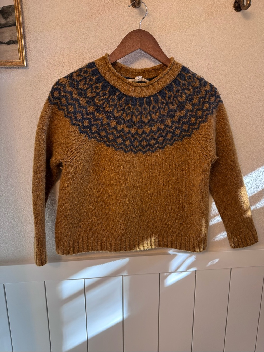 Port Kinnis Fair Isle Merino Wool Blend Crewneck Sweater Mustard Yellow Speckled